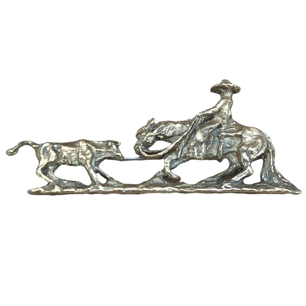 TB Stamped Brass Horse Cutting Cowboy Pin Brooch.